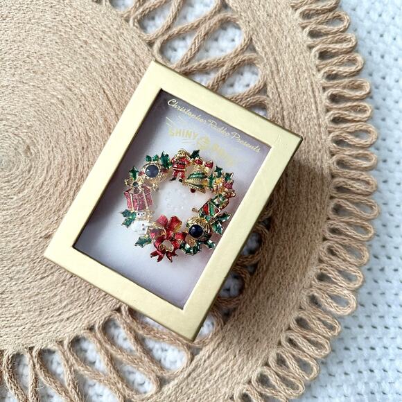 Christopher Radko X Shiny Bright Holiday Christmas Scene Wreath Brooch Pin NIB - Picture 1 of 7